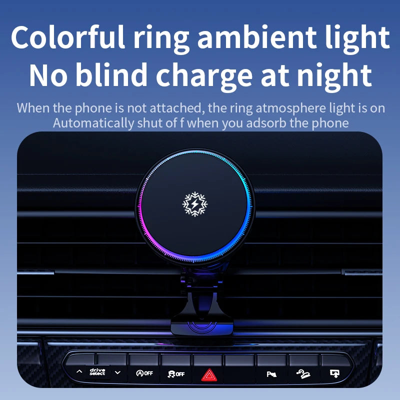 Ice Cooling RGB Magnetic Wireless Car Charger Fast Charging Station For Magsafe iPhone 16 15 14 13 12 Pro Max Phone Holder Stand