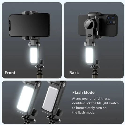 Gimbal Stabilizer Selfie Stick Tripod — 360° Rotation with Auto Follow, Fill Light & Type-C Wireless Microphone for Smartphones