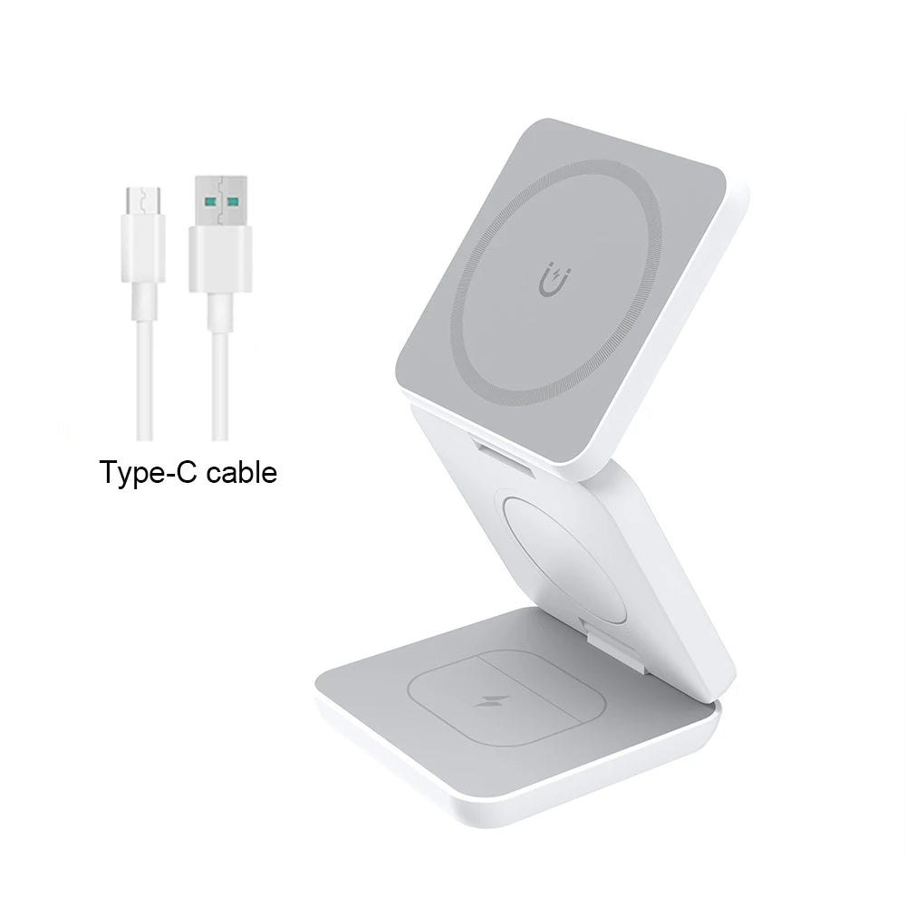 3 In 1 Foldable Magnetic Wireless Charger Stand For iPhone 16 15 14 13 Pro Max iWatch 10 9 AirPods Fast Charging Station Holder
