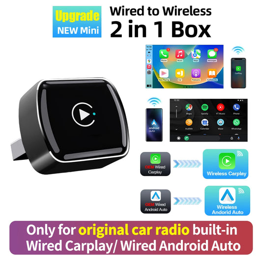 2 in 1 Wireless CarPlay Adapter for OEM Car Radio Mini Dongle Wired to Wireless CarPlay Android Auto Type C USB Plug and Play
