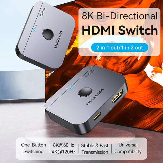 Vention HDMI Switcher 8K Bi-Direction 2.1 HDMI Switch 1x2/2x1 Adapter 2 in 1 Out Converter for PS4/5 Xiaomi TV Box HDMI Splitter