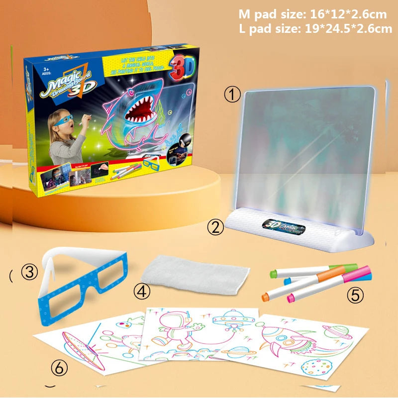 3D Magic Drawing Pad LED Light Colorful Space Ocean Dinosaur Painting Board Kids Educational Toys Grow Playmates Creative Gift