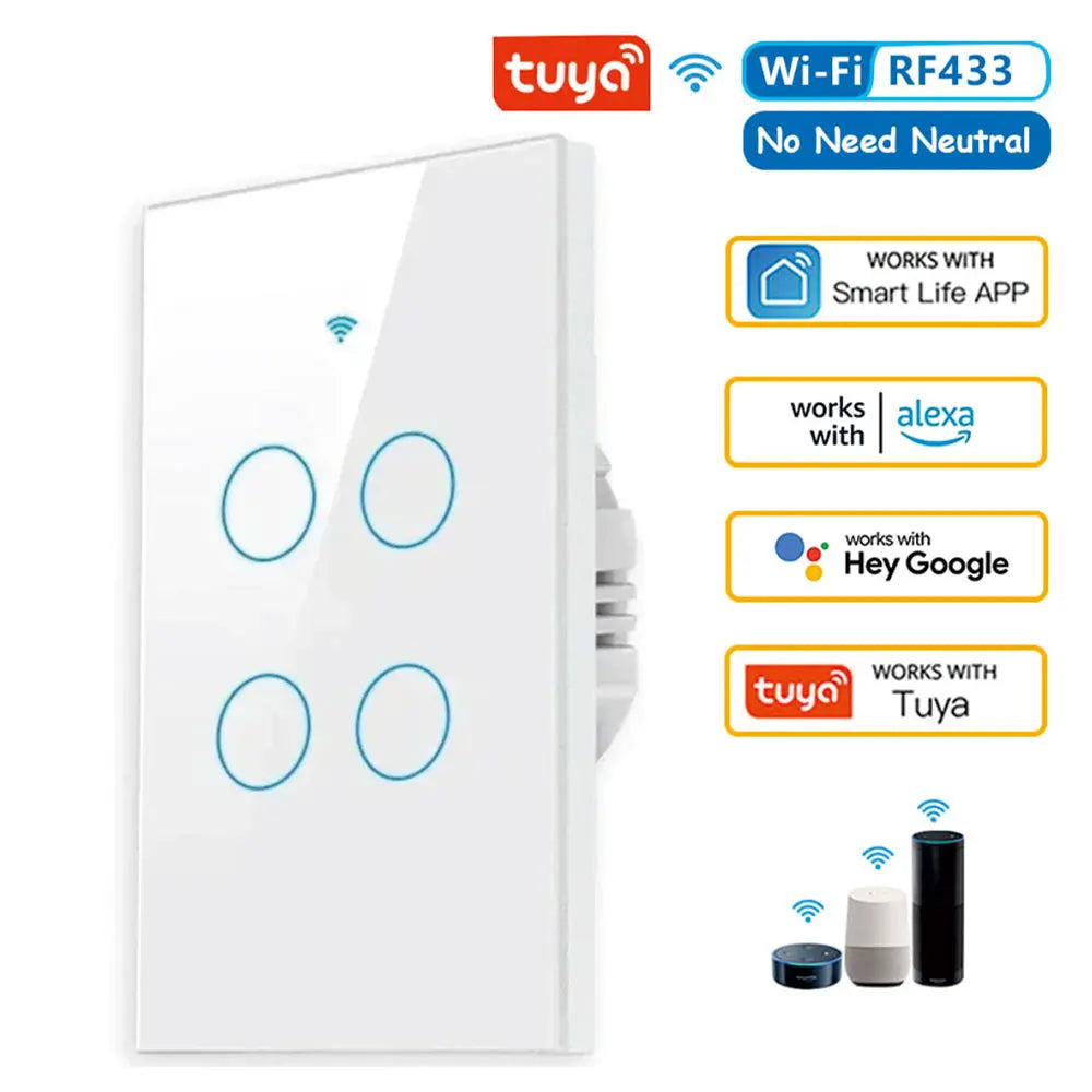 Touch Switch Tuya Smart Life Light WiFi RF433 Sensor Smart Switch App Remote Control No Neutral Wire 110V For Alexa Google Home