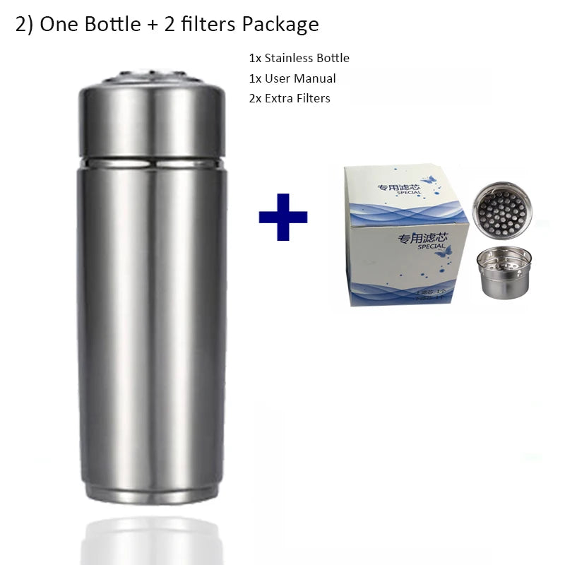 pH 9.5 Mineral Energy Nano Flask Hydrogen Alkaline Water Bottle Portable Water Ionizer drink Cup Stainless water filters bottle 1 bottle 2 filters