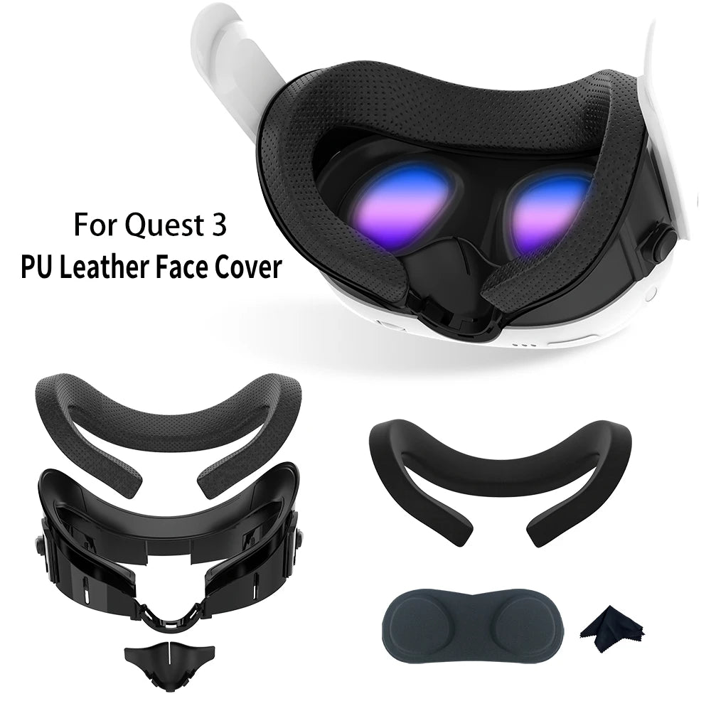 Facial Interface Face Cover for Meta Quest 3 VR with Anti-Light Nose Pad PU Leather Face Cushion for Meta Quest 3 Accessories Black