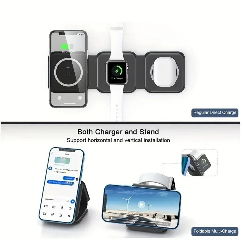 3 in 1 Magnetic Wireless Charger Fast Charging Dock Station Portable Foldable Stand Trip Charger For iPhone Apple Watch AirPods