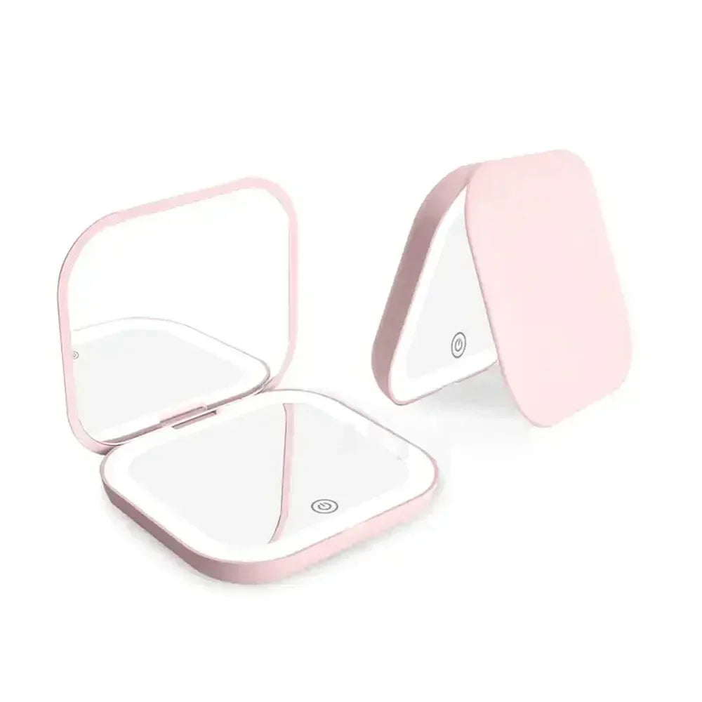 2X magnifying Compact Cosmetic Vanity Mirror with Lights Travel Mini Gift Folding Led Portable Hand Held Pocket Makeup Mirror