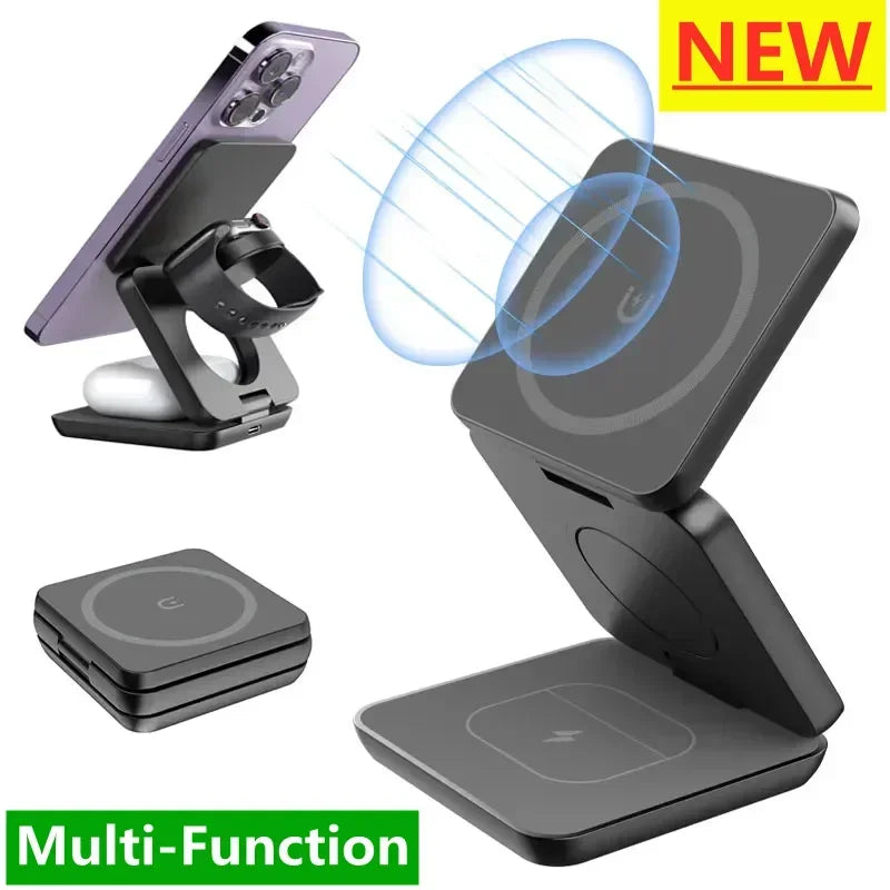 3 in 1 Magnetic Wireless Charger Fast Charging Dock Station Portable Foldable Stand Trip Charger For iPhone Apple Watch AirPods