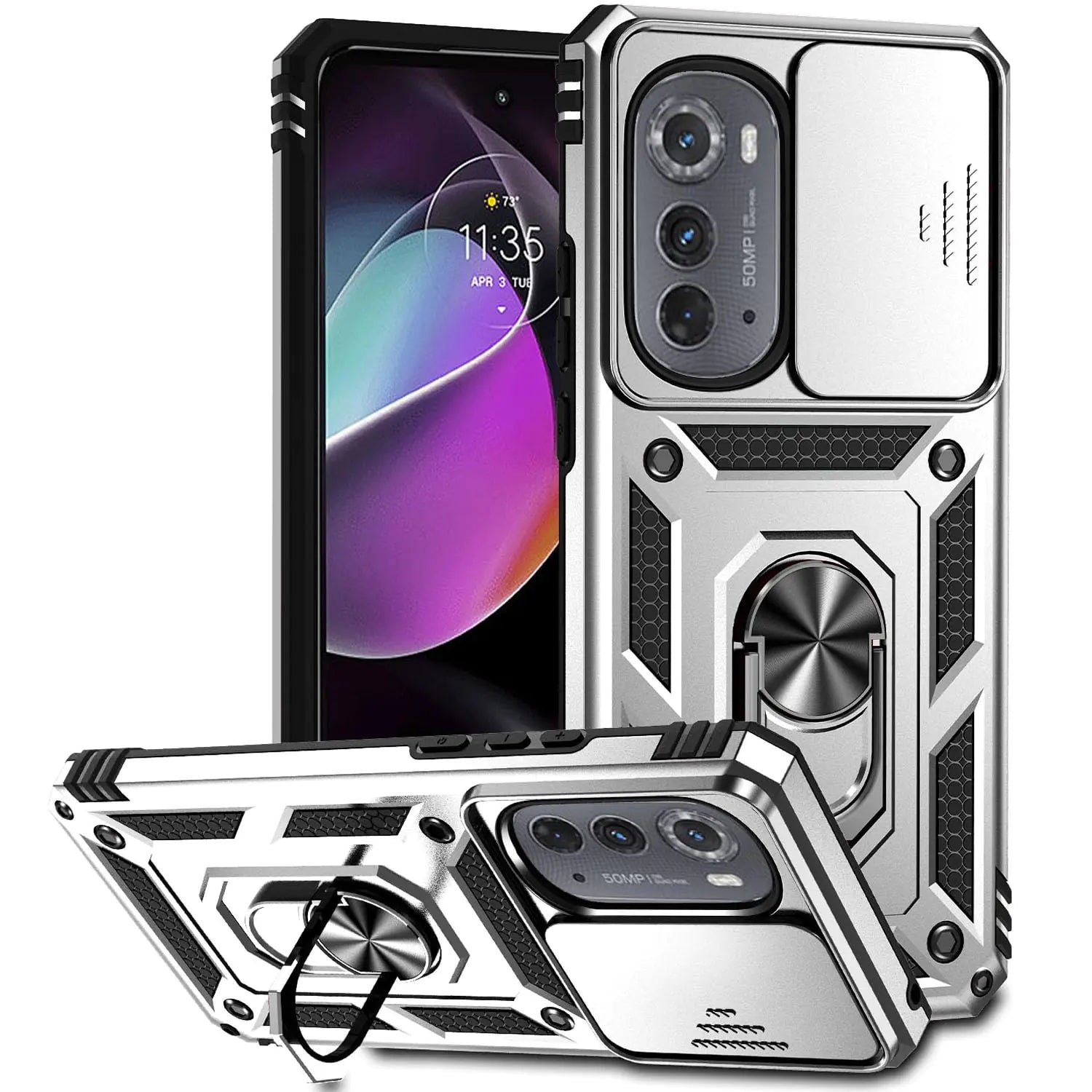 Military Grade Case for Moto Edge 2022 Case Edge 2022 Case with Kickstand Slide Camera Cover Protection Shockproof Case for Motorola Moto Edge 2022 Phone Case (Silver)