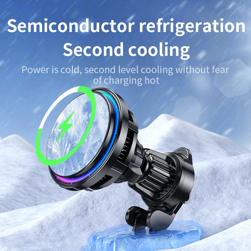 Ice Cooling RGB Magnetic Wireless Car Charger Fast Charging Station For Magsafe iPhone 16 15 14 13 12 Pro Max Phone Holder Stand