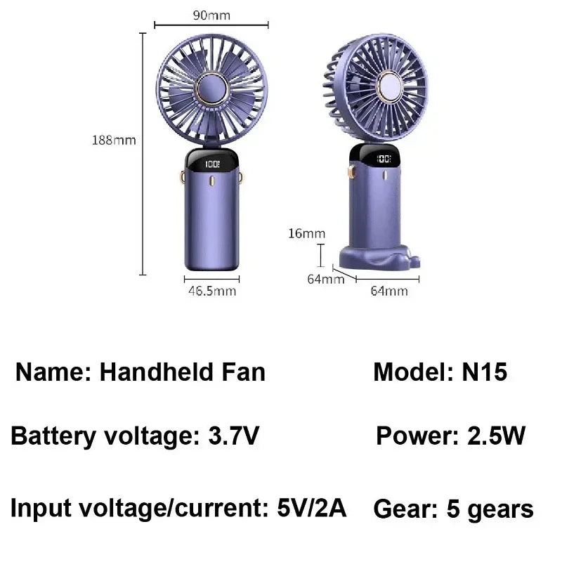 Handheld Mini Fan Portable USB Rechargeable, Foldable Neck Fan with 5 Speeds & Phone Holder, for Outdoor/Desk Use, Lightweight
