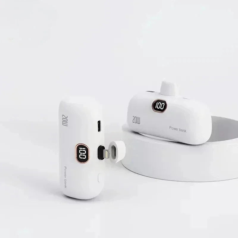 Mini 10000mAh Power Bank Built Cable Portable Mobile Phone Charger External Battery Capsule Powerbank For Type-C iPhone 5000mAh White iPhone
