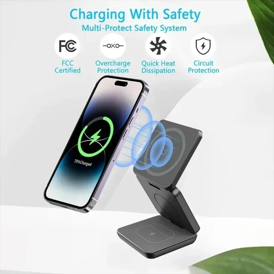 3 In 1 Foldable Magnetic Wireless Charger Stand For iPhone 16 15 14 13 Pro Max iWatch 10 9 AirPods Fast Charging Station Holder