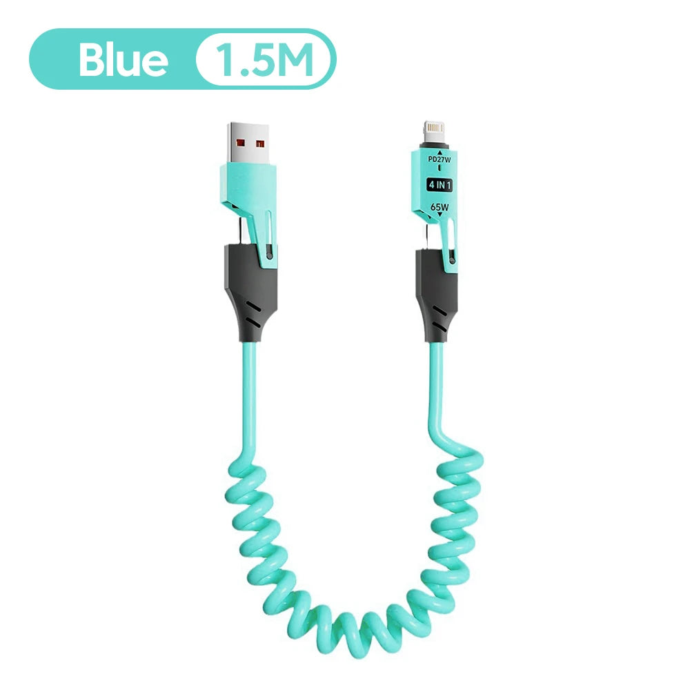 NNBILI 4 in 1 65W Spring Short Data Cable 6A USB Type C Spring Telescopic Quick Charger Wire Spring Cord for iPhone 15 14 13 11