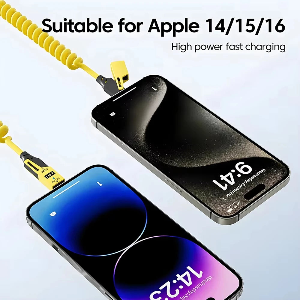 NNBILI 4 in 1 65W Spring Short Data Cable 6A USB Type C Spring Telescopic Quick Charger Wire Spring Cord for iPhone 15 14 13 11