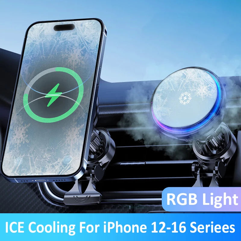 Ice Cooling RGB Magnetic Wireless Car Charger Fast Charging Station For Magsafe iPhone 16 15 14 13 12 Pro Max Phone Holder Stand