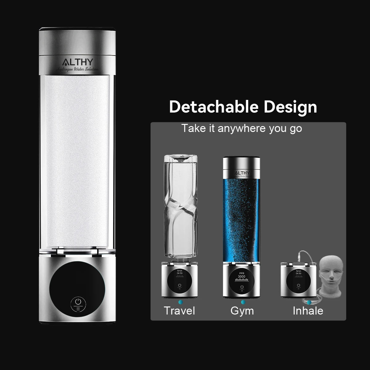 ALTHY, Performance Hydrogen Water Generator, Bottle, DuPont, SPE+PEM, Dual, Chamber + PPB&Time&Battery, Display, + H2 Inhalation, Device