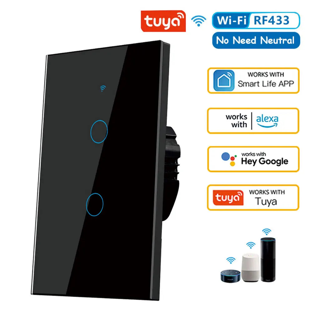 Touch Switch Tuya Smart Life Light WiFi RF433 Sensor Smart Switch App Remote Control No Neutral Wire 110V For Alexa Google Home