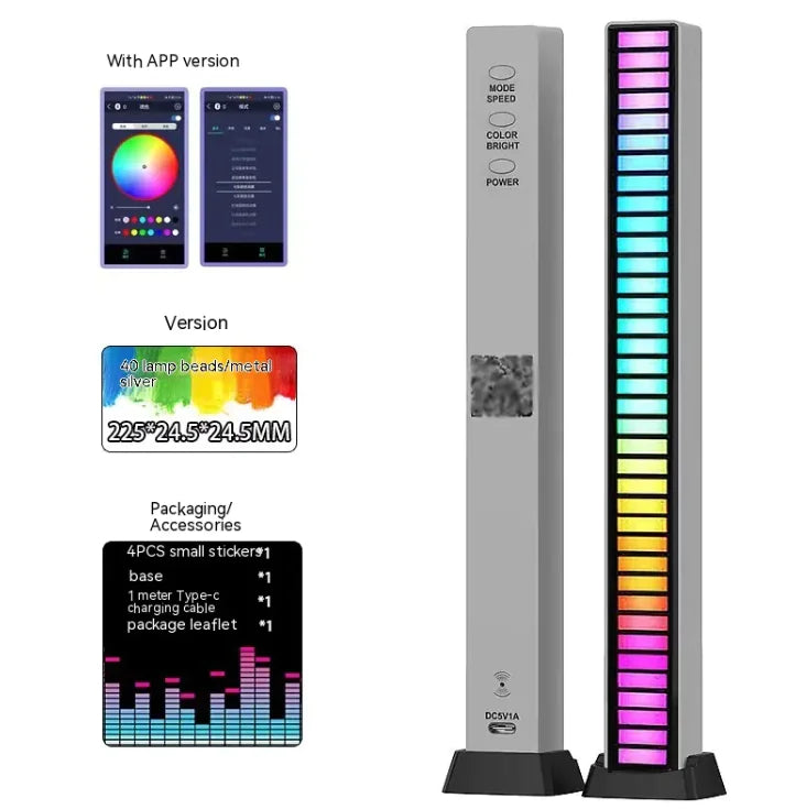 3D Double-sided Pickup Light RGB Voice Control Music Rhythm Lamp 40 Lamp Beads APP Metal Silver Usb Plug In Type