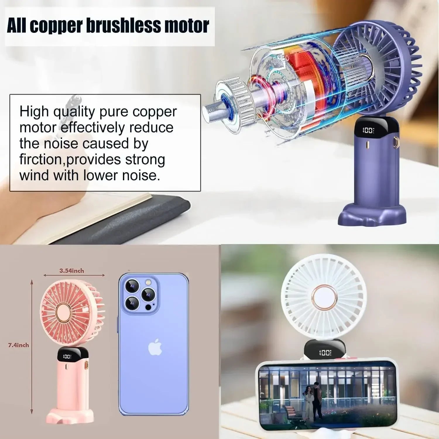 Handheld Mini Fan Portable USB Rechargeable, Foldable Neck Fan with 5 Speeds & Phone Holder, for Outdoor/Desk Use, Lightweight