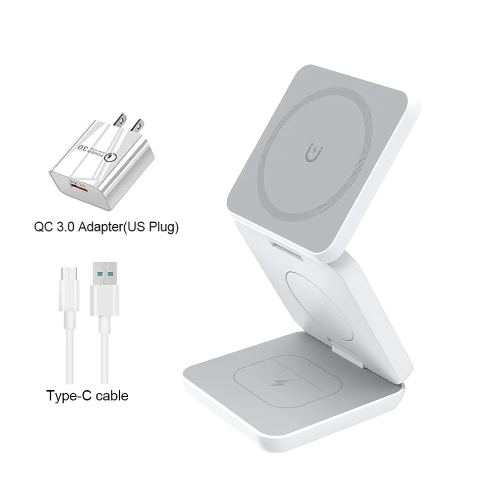 3 In 1 Foldable Magnetic Wireless Charger Stand For iPhone 16 15 14 13 Pro Max iWatch 10 9 AirPods Fast Charging Station Holder
