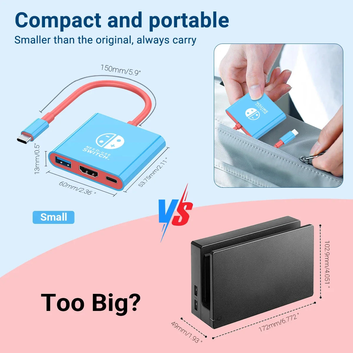 Switch Portable Docking Station TYPE C Hub with HDMI USB 3 0 Perfect for Travel Gaming Compact Design Easy Setup