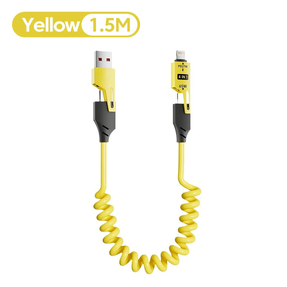 NNBILI 4 in 1 65W Spring Short Data Cable 6A USB Type C Spring Telescopic Quick Charger Wire Spring Cord for iPhone 15 14 13 11
