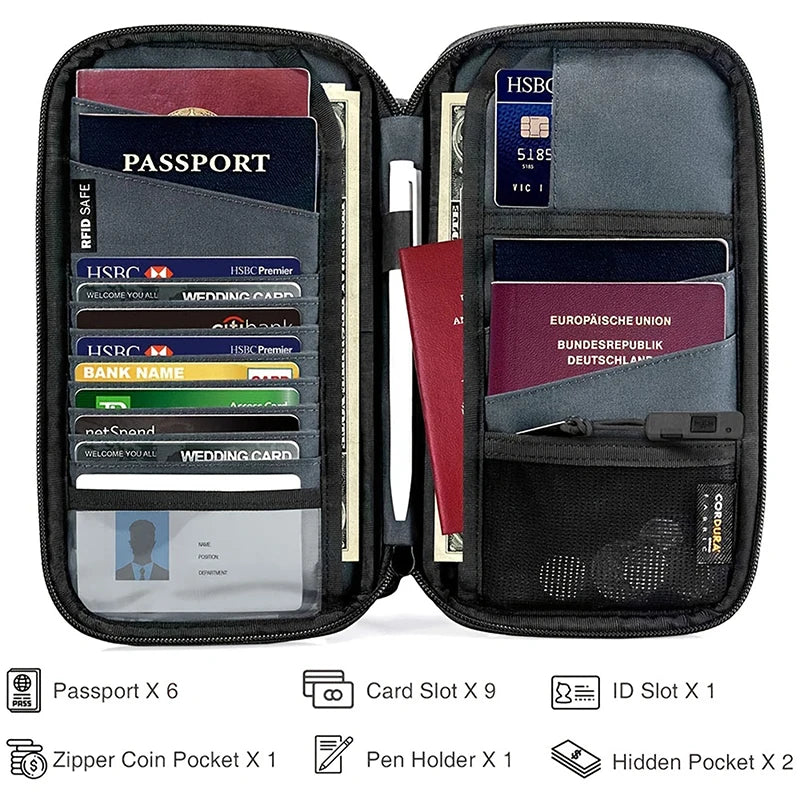 Travel Passport Wallet Multi-Function RFID Waterproof Family Passport Holder Trip Document Organizer Credit Card Package Purse