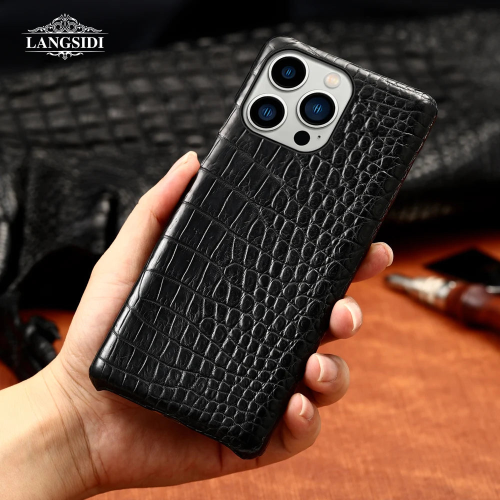 For iPhone 16 Pro Max 16 Plus 15Pro 15 11 12 13 14 Pro Shockproof Genuine Crocodile Leather Back Cover