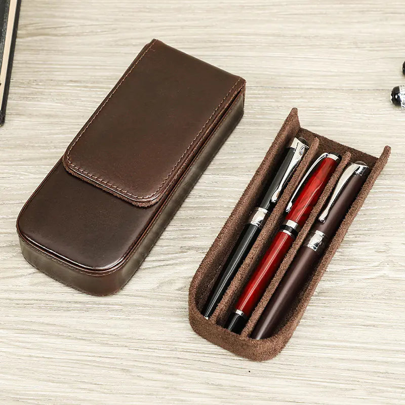 Aptus Praxis Handmade Leather 3-Pen Display Case with Magnetic Drawer