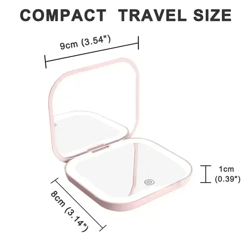 2X magnifying Compact Cosmetic Vanity Mirror with Lights Travel Mini Gift Folding Led Portable Hand Held Pocket Makeup Mirror