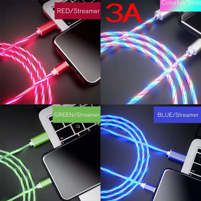 3A LED Light Glowing Fast Charging Data Cables USB Type C Micro Charger Wire For Samsung Huawei Mobile Phone Quick Cord