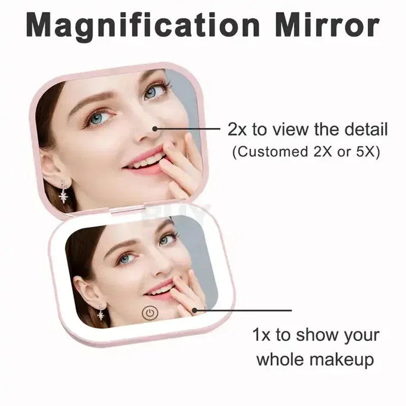 2X magnifying Compact Cosmetic Vanity Mirror with Lights Travel Mini Gift Folding Led Portable Hand Held Pocket Makeup Mirror