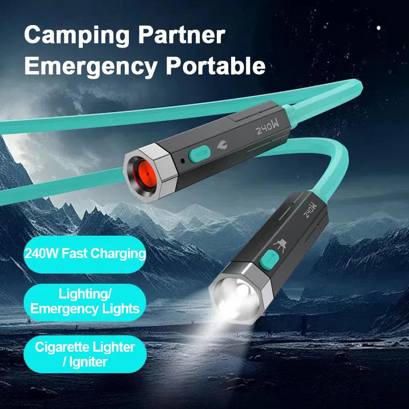 4-in-1 multifunctional data cable 240W USB C fast charging support ignition and LED lights suitable for camping and lighting