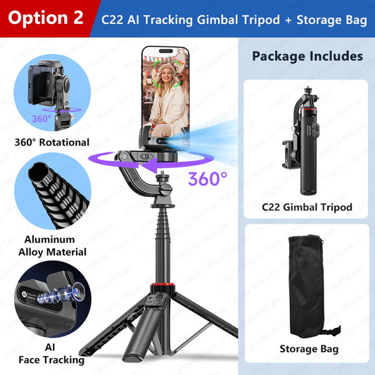 C22 Handheld Gimbal Stabilizer with AI Face Tracking — 360° Rotating Selfie Stick Tripod for Smartphones & Cameras (1/4'' Screw Mount)