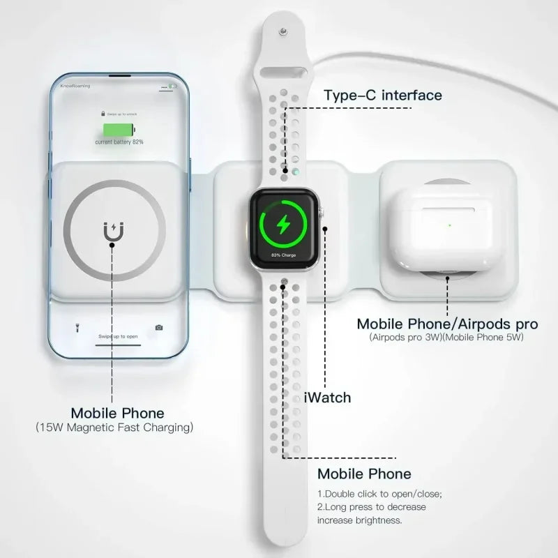 3 in 1 Magnetic Wireless Charger Fast Charging Dock Station Portable Foldable Stand Trip Charger For iPhone Apple Watch AirPods