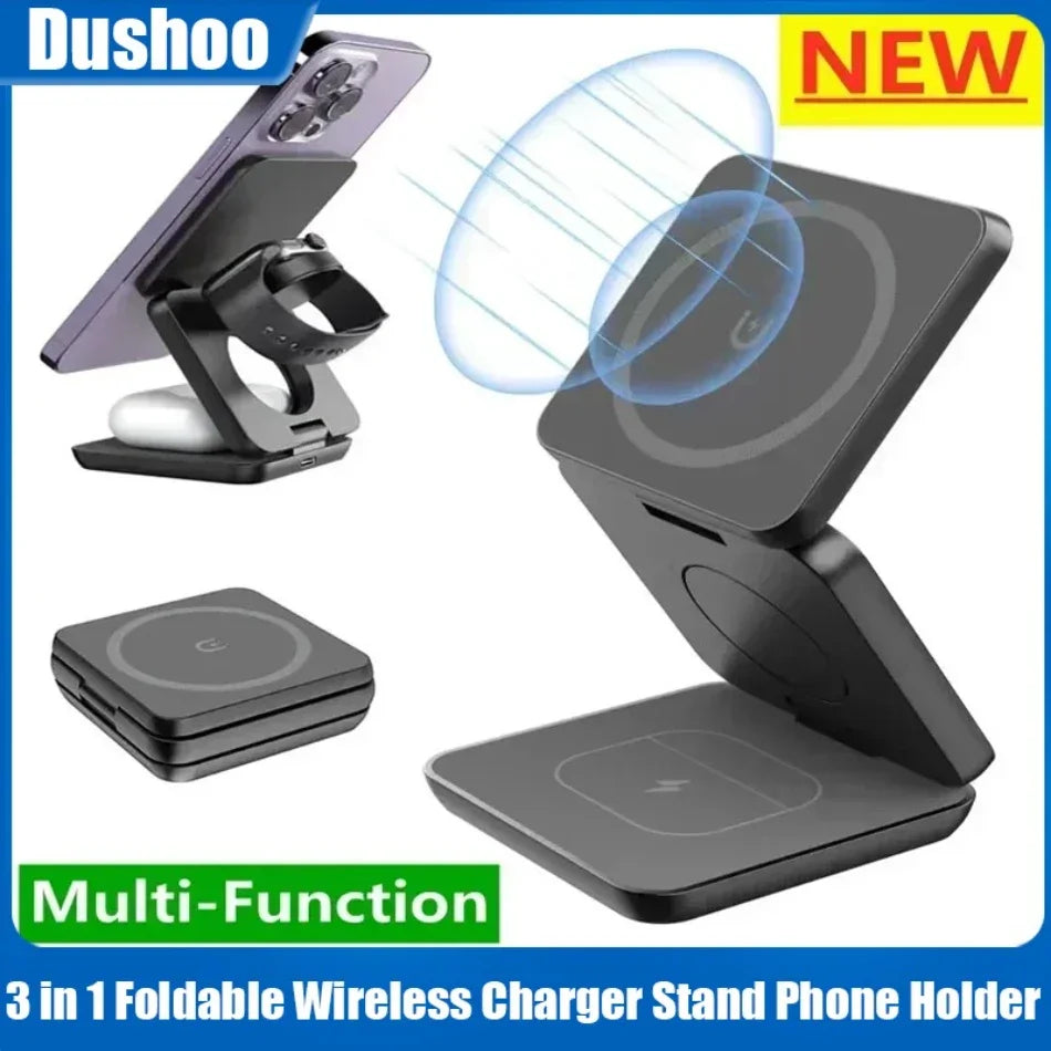 3 In 1 Foldable Magnetic Wireless Charger Stand For iPhone 16 15 14 13 Pro Max iWatch 10 9 AirPods Fast Charging Station Holder