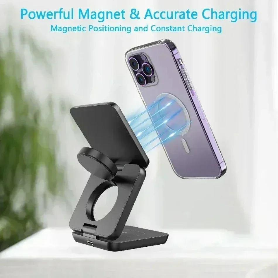 3 In 1 Foldable Magnetic Wireless Charger Stand For iPhone 16 15 14 13 Pro Max iWatch 10 9 AirPods Fast Charging Station Holder