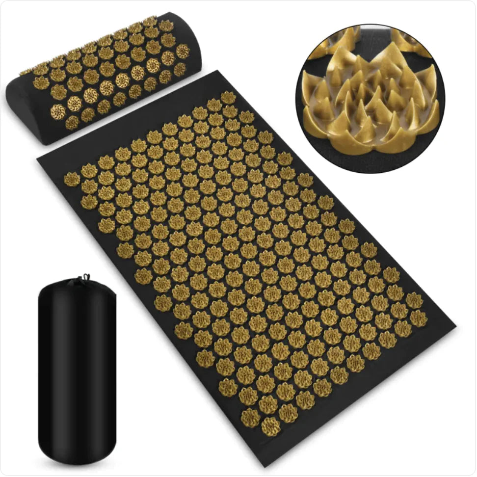 Acupressure Massage Mat and Pillow Set Black Gold