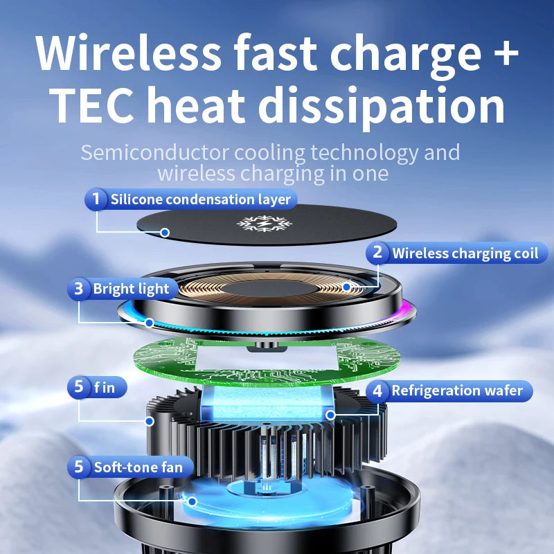 Ice Cooling RGB Magnetic Wireless Car Charger Fast Charging Station For Magsafe iPhone 16 15 14 13 12 Pro Max Phone Holder Stand