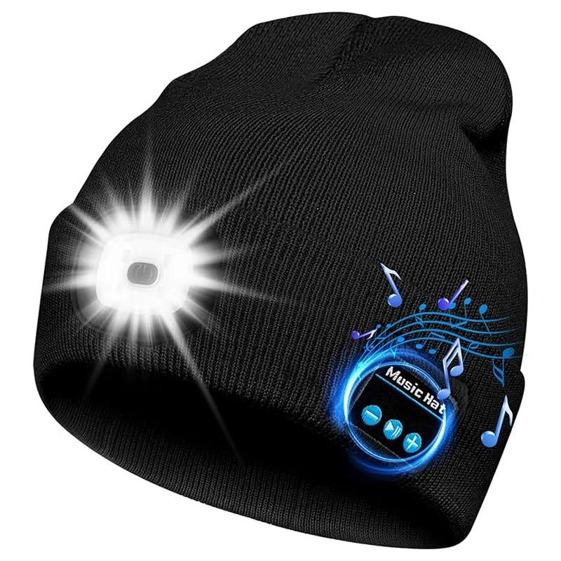 Handfree Warm Beanie Bluetooth 5.0 LED Hat Wireless Stereo Headset Music Player With MIC Support Dimming Rechargeable Battery black