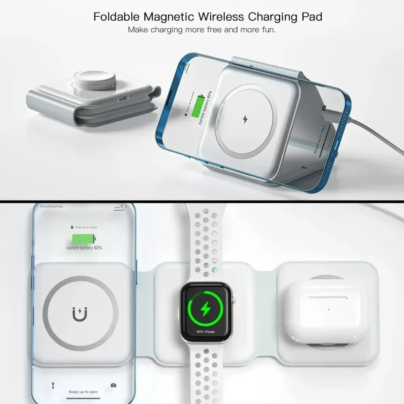 3 in 1 Magnetic Wireless Charger Fast Charging Dock Station Portable Foldable Stand Trip Charger For iPhone Apple Watch AirPods