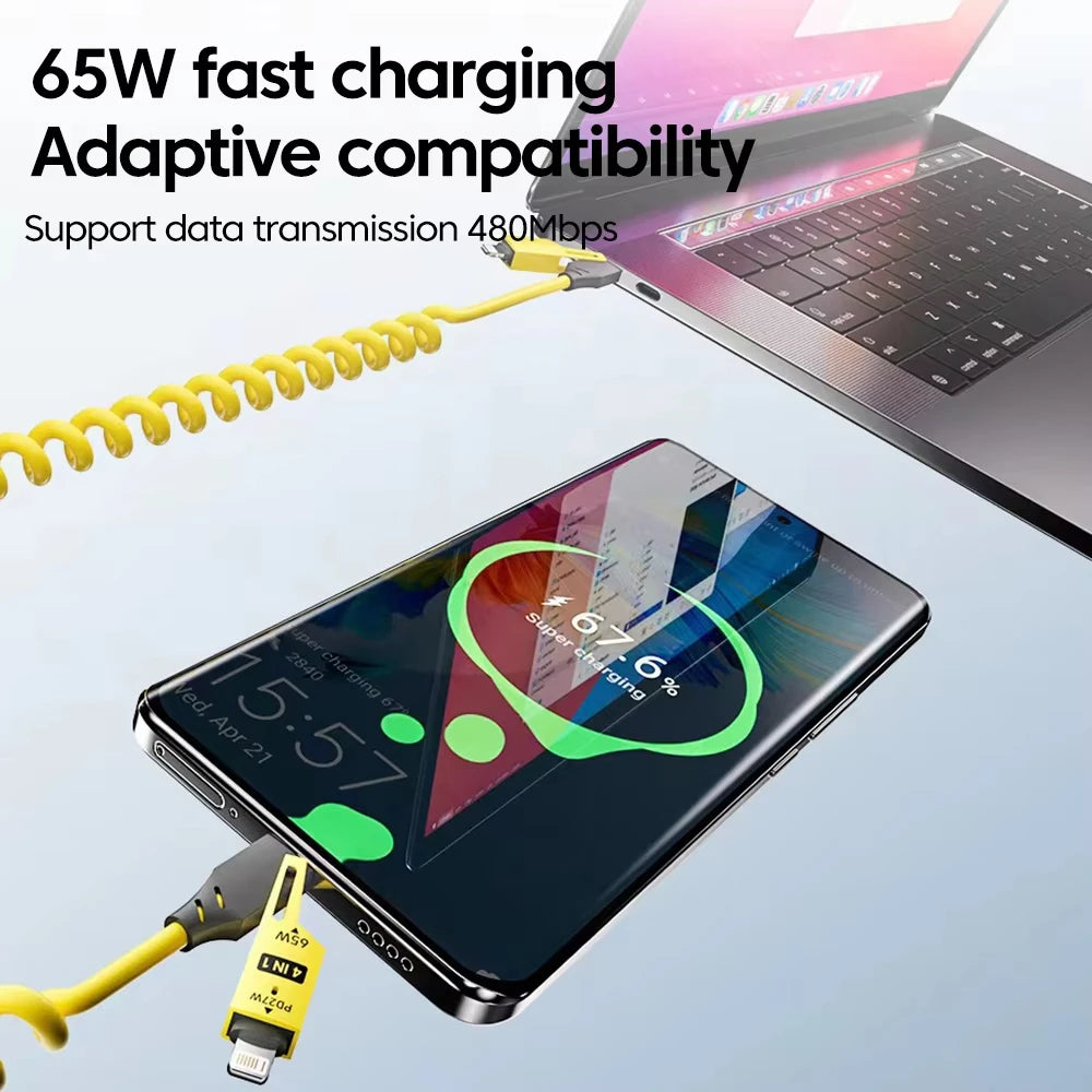 NNBILI 4 in 1 65W Spring Short Data Cable 6A USB Type C Spring Telescopic Quick Charger Wire Spring Cord for iPhone 15 14 13 11