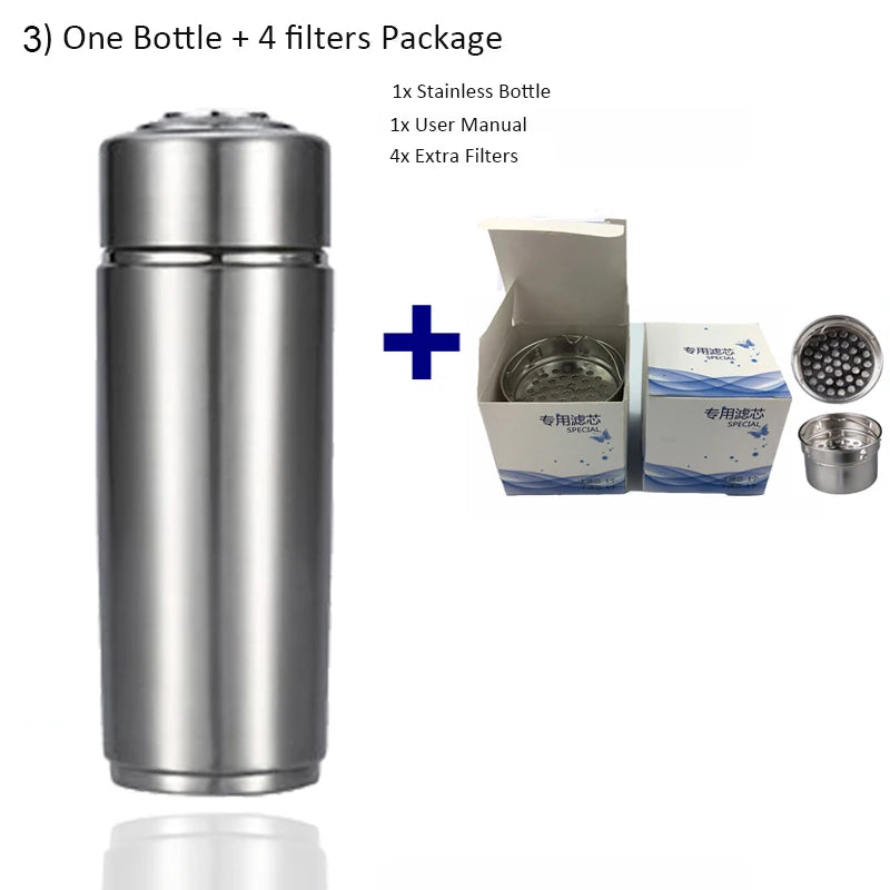pH 9.5 Mineral Energy Nano Flask Hydrogen Alkaline Water Bottle Portable Water Ionizer drink Cup Stainless water filters bottle 1 bottle 4 filters