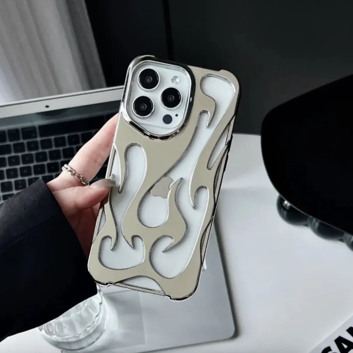 Flame Pattern Electroplated Phone Case Silver Electroplated 12promax