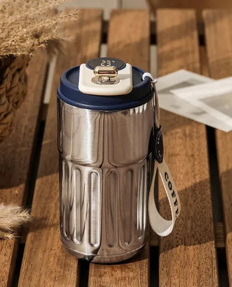 Smart Digital Thermal Bottle Portable Coffee Mug Stainless Steel Water Bottle In-Car Insulated Cup Keep Cold Vacuum Flasks 450ml Antique Silver Blue