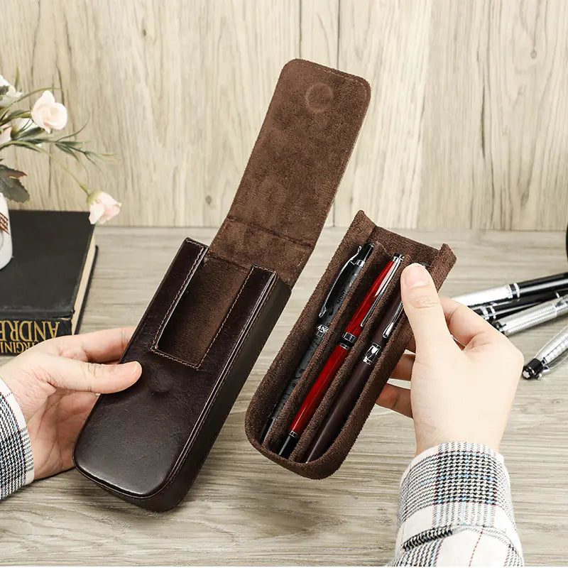 Aptus Praxis Handmade Leather 3-Pen Display Case with Magnetic Drawer