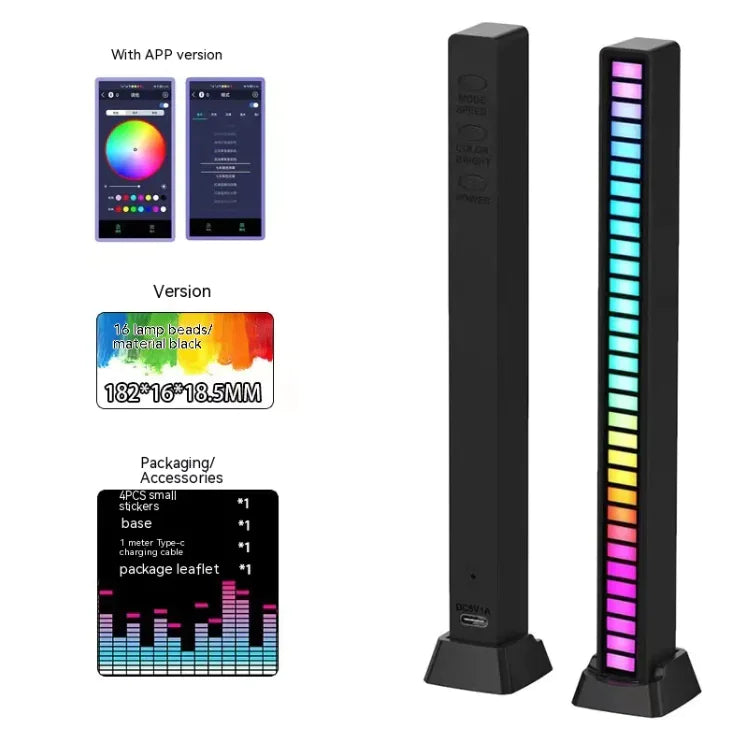 3D Double-sided Pickup Light RGB Voice Control Music Rhythm Lamp 16 Lamp Beads APP Black Usb Plug In Type