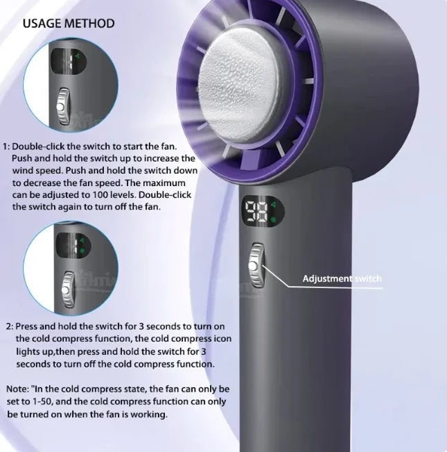 Portable Handheld Turbo Fan with Cooling and Adjustable Wind Speeds, 3000mAh Battery