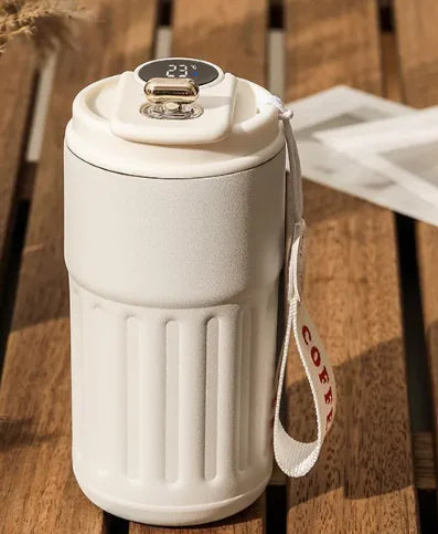 Smart Digital Thermal Bottle Portable Coffee Mug Stainless Steel Water Bottle In-Car Insulated Cup Keep Cold Vacuum Flasks 450ml Elegant White